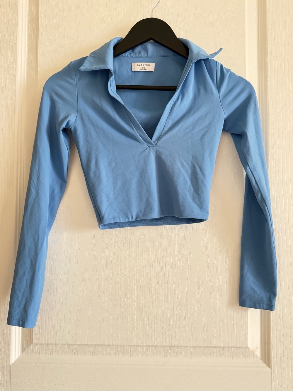 Babaton Light Blue Cropped Long-Sleeve Polo Top